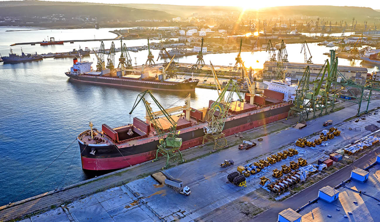 Aerial view from the drone of a large ship loading grain for export in the harbor  Water transport