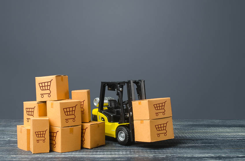 Yellow Forklift truck and boxes of goods  Transportation logistics infrastructure, import and export products delivery  Production, transport, cargo storage  Freight shipping  retail and supply