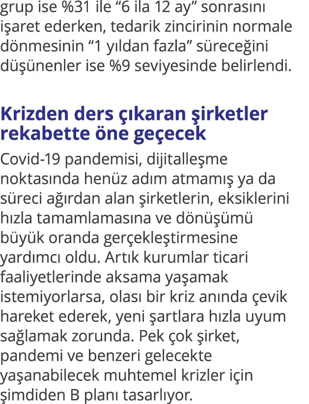 grup ise %31 ile  6 ila 12 ay  sonrasını işaret ederken, tedarik zincirinin normale dönmesinin  1 yıldan fazla  sürec   
