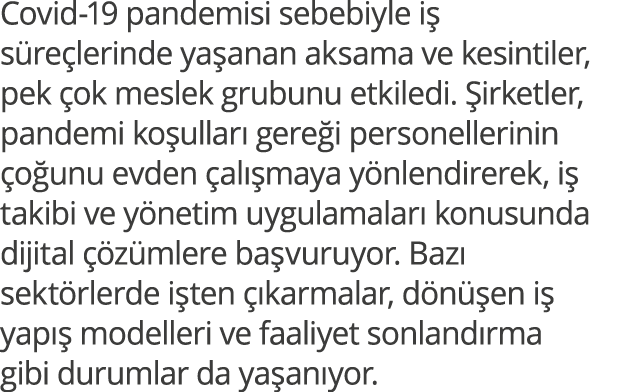 Covid-19 pandemisi sebebiyle iş süreçlerinde yaşanan aksama ve kesintiler, pek çok meslek grubunu etkiledi  Şirketler   