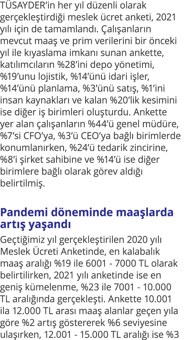TÜSAYDER in her yıl düzenli olarak gerçekleştirdiği meslek ücret anketi, 2021 yılı için de tamamlandı  Çalışanların m   