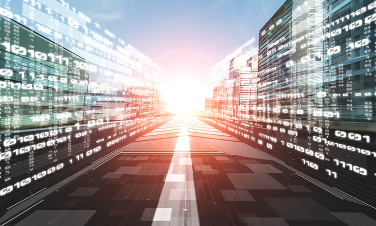 Digital data flow on road with motion blur to create vision of fast speed transfer   Concept of future digital transformation , disruptive innovation and agile business methodology  