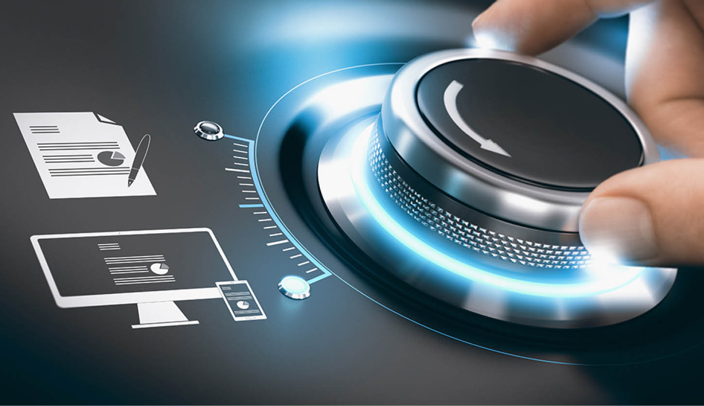 Hand turning a digitization knob to complete the process of digital tansformation of information  Concept of digitalization of analog data over black background  Composite image between a hand photography and a 3D background 