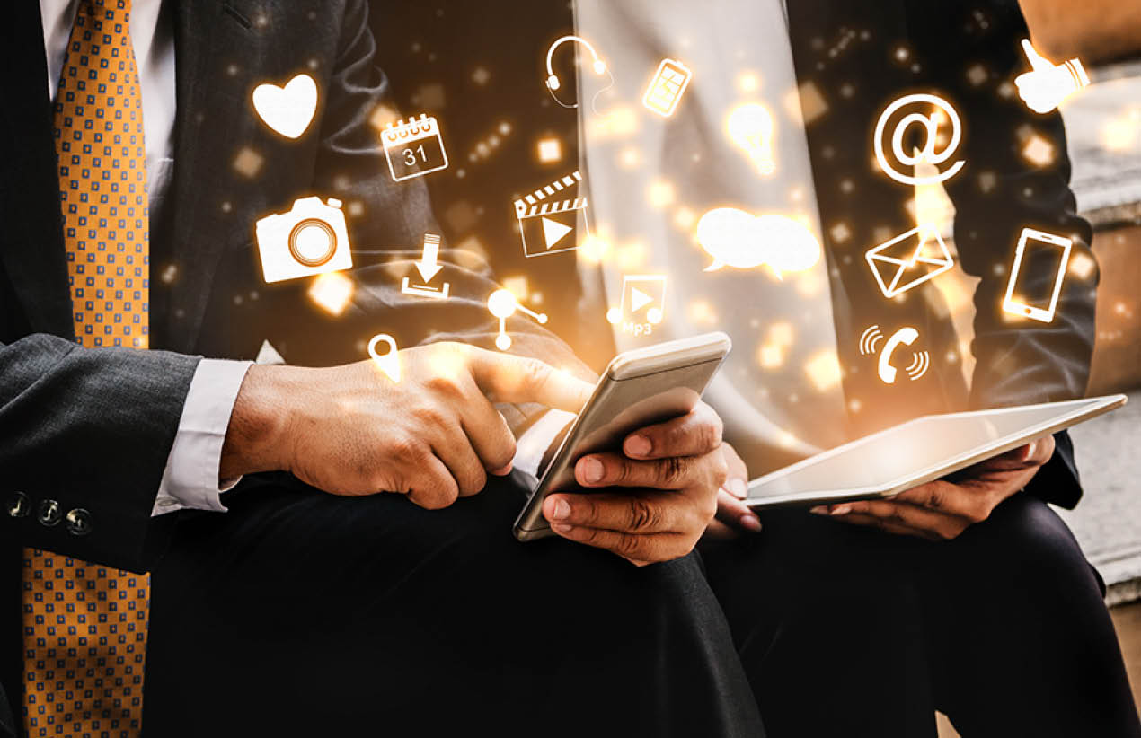 Multimedia and Computer Applications Concept  Business people using technology of digital gadget with modern graphic interface showing social, shopping, camera and multimedia application on device 