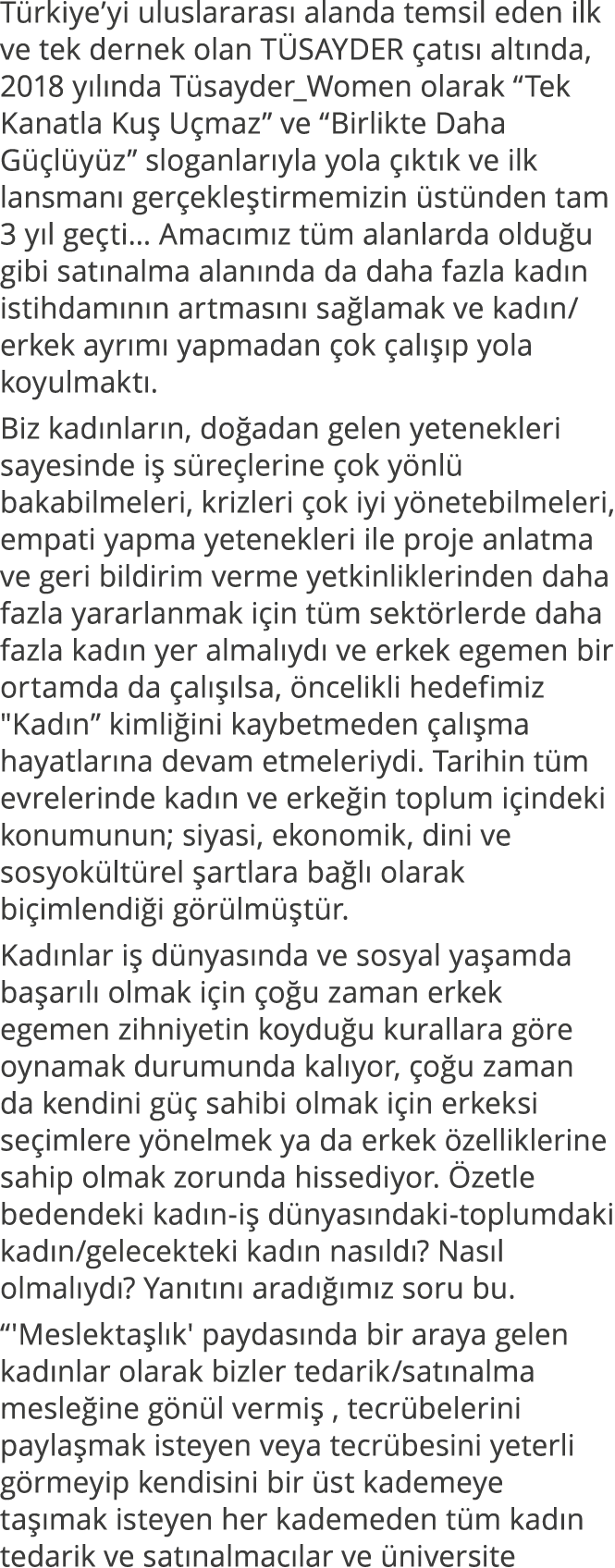 Türkiye yi uluslararası alanda temsil eden ilk ve tek dernek olan TÜSAYDER çatısı altında, 2018 yılında Tüsayder_Wome   