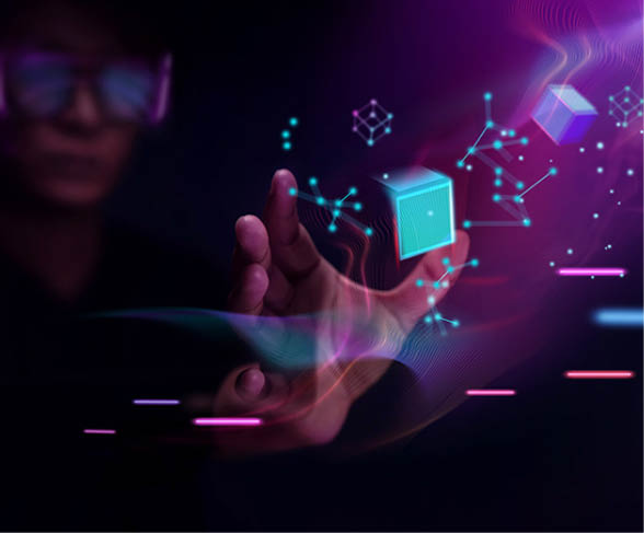 Metaverse and Blockchain Technology Concepts  Person with Glasses try to Touching Object for Experiences of Metaverse Virtual World  Futuristic Tone