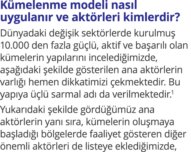Kümelenme modeli nasıl uygulanır ve aktörleri kimlerdir  Dünyadaki değişik sektörlerde kurulmuş 10 000 den fazla güçl   