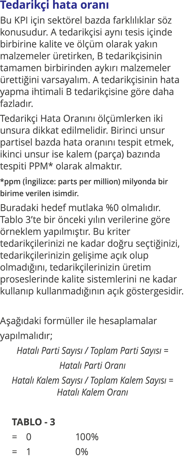 Tedarikçi hata oranı Bu KPI için sektörel bazda farklılıklar söz konusudur  A tedarikçisi aynı tesis içinde birbirine   