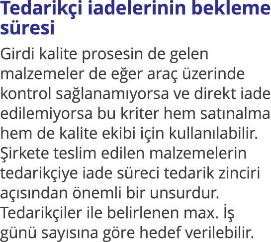 Tedarikçi iadelerinin bekleme süresi Girdi kalite prosesin de gelen malzemeler de eğer araç üzerinde kontrol sağlanam   