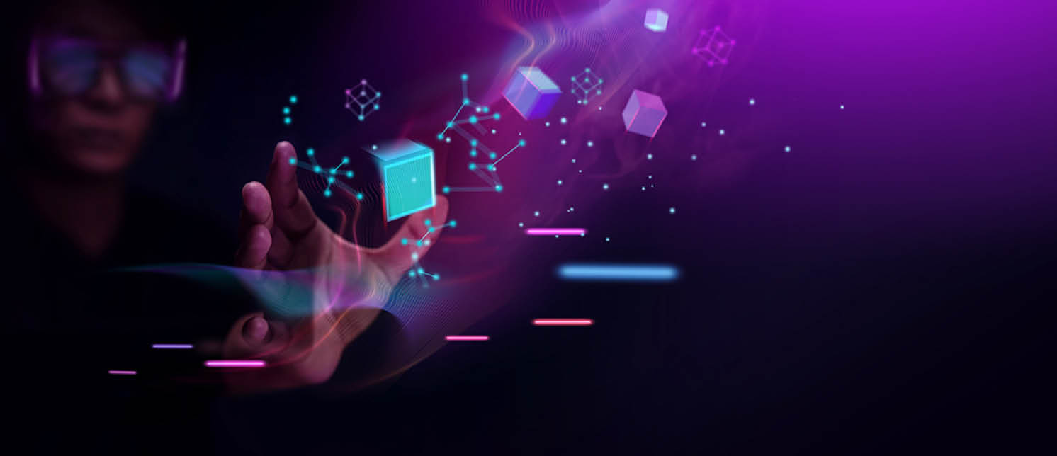 Metaverse and Blockchain Technology Concepts  Person with Glasses try to Touching Object for Experiences of Metaverse Virtual World  Futuristic Tone