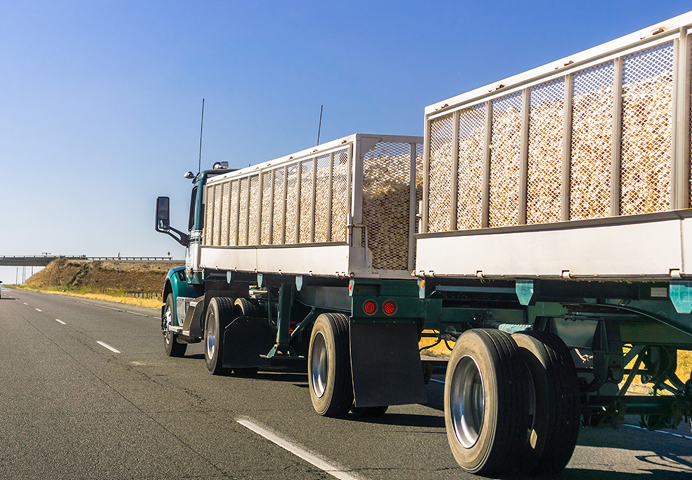 Truck delivering harvested onion on the interstate, California