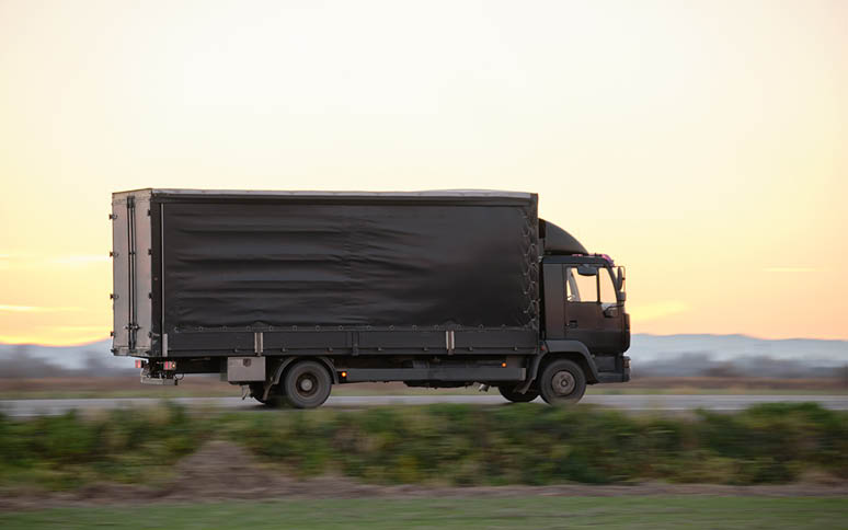 Cargo truck driving on highway hauling goods in evening  Delivery transportation and logistics concept 